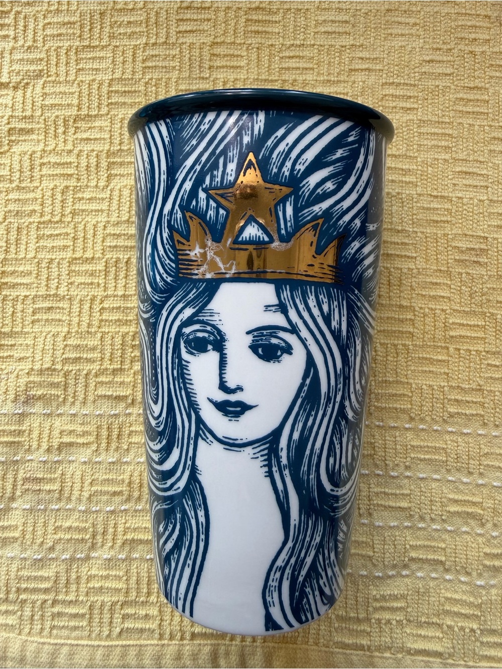 Starbucks Navy and Gold Ceramic Tumbler with Crowned Woman Art 12FL